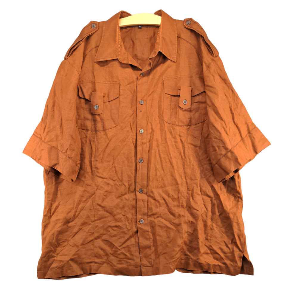Royal Prestige Men's Linen Button-Up Shirt Brown 4XL Flap Pockets 3/4 Sleeve